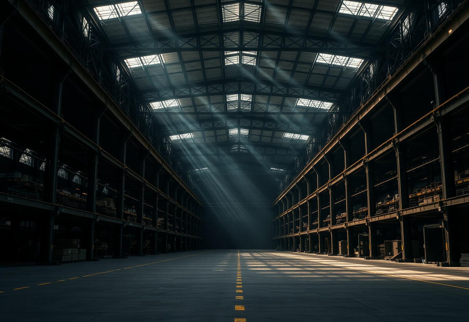 Cinematic warehouse interior with dramatic light